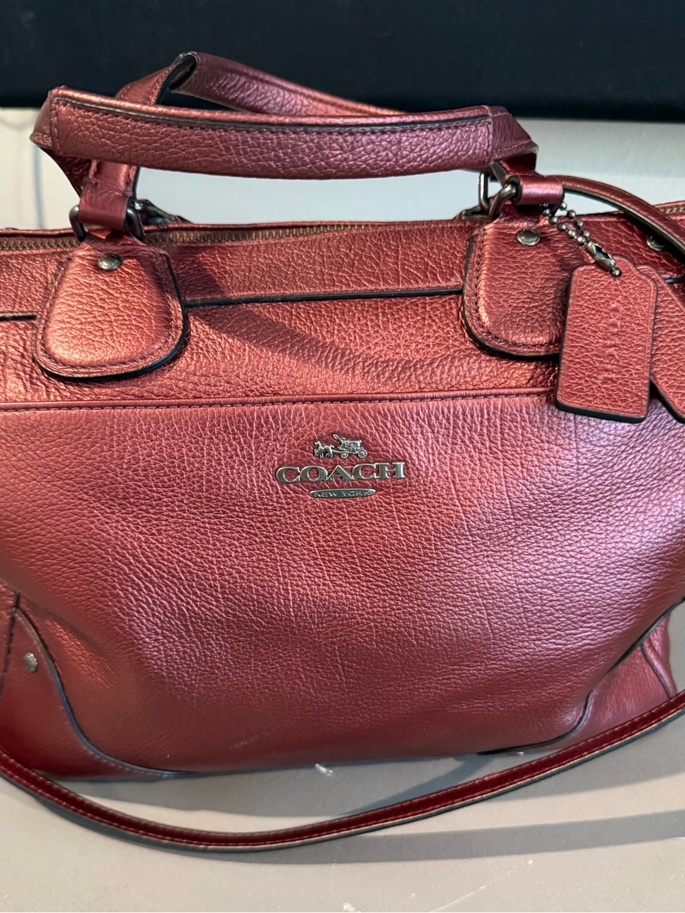 Coach Metallic Pebbled Leather Satchel in Burgandy